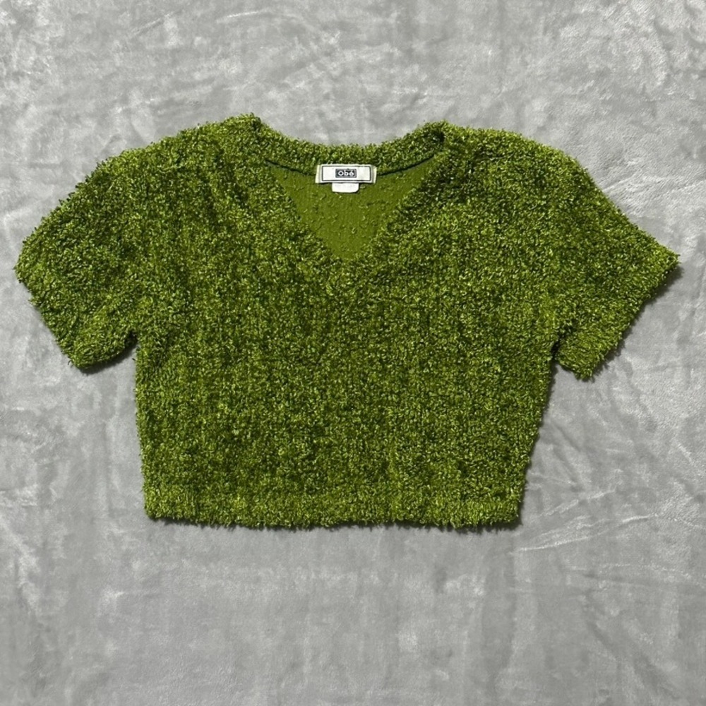 Obé Lime Green Fuzzy Popcorn Knit Cropped V-Neck Short Sleeve Top Large USA